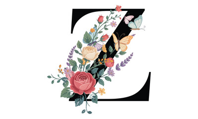 Beautiful alphabet Z with floral watercolor bouquet