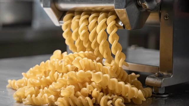 Medium shot capturing fusilli pasta spirals emerging from a pasta extrusion machine highlighting the twisting dough as it forms uniform curly shapes.