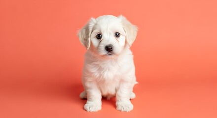 Obraz premium Cute White Puppy Sitting On A Coral Background doggy canine