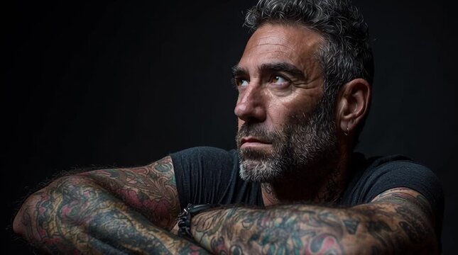 Contemplative gray-bearded man with tattoos standing confidently, embodying introspective masculinity against shadowy backdrop