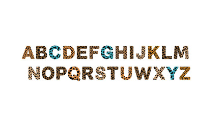 Obraz premium Complete alphabet set from A to Z featuring a trendy leopard animal print pattern in brown and blue colors on a white background.