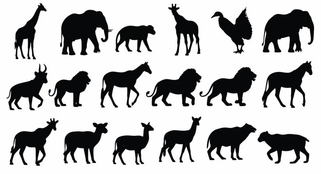 Assortment of African wildlife silhouettes Keywords: giraffe, elephant, lion, horse, turkey