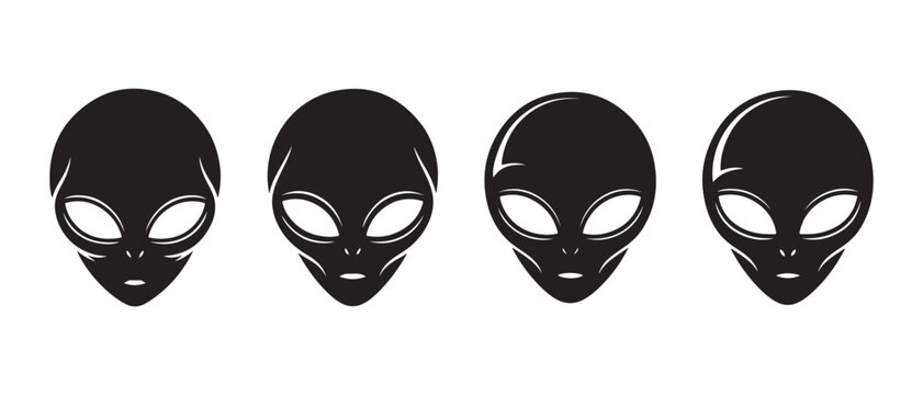 Set of Alien Heads, UFO, Sci-Fi Icons, Isolated on White Background.
