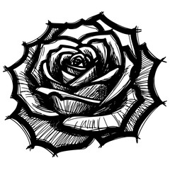 Striking black and white hand-drawn sketch illustrating the intricate layered petals and classic form of a blooming rose flower.