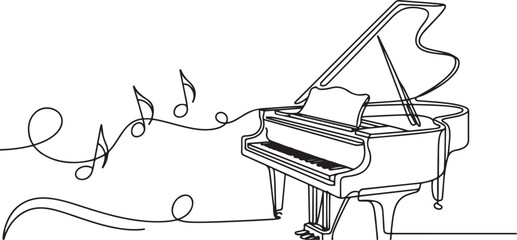 Classic piano with music notes tone one line art drawing.one line vector illustration with white background © Hasho 