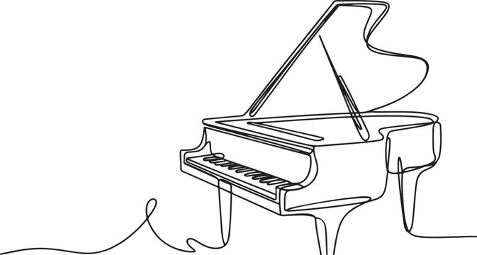 Classic piano with music notes tone one line art drawing.one line vector illustration with white background