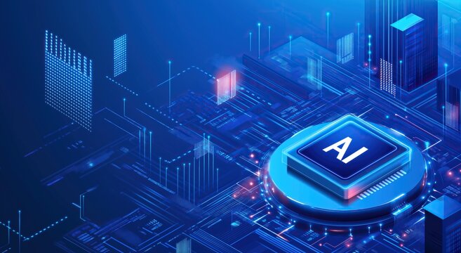Blue background with AI chip center surrounded by digital city buildings and glowing data streams for advanced technology concept