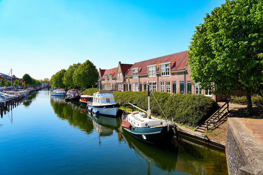 Leisure boats moored at the historic harbor of Brielle, South Holland, the Netherlands