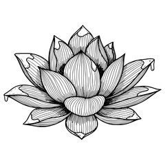 Detailed black and white ink drawing illustration of a blooming lotus flower featuring delicate line work and dripping water.