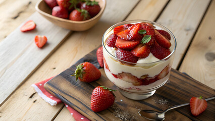 Top view of creamy sweet dessert with fresh juicy tasty strawberries served inside a glass on a rustic wooden table
