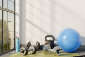 Home gym setup with dumbbells, kettlebell, exercise ball, and water bottle in natural light. 3d rendering