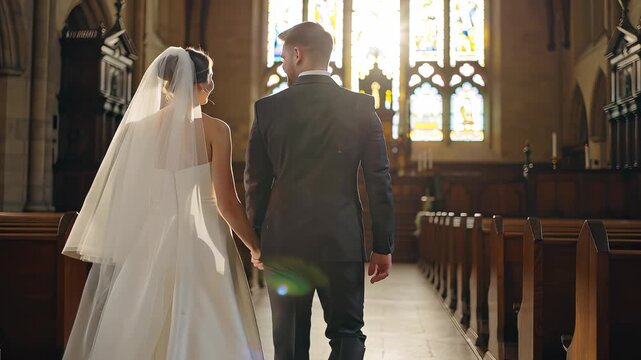 A bride and groom walk hand in hand down the aisle of a beautiful church during their wedding ceremony video.