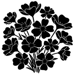 Striking black and white graphic silhouette design featuring a dense circular arrangement of stylized five-petal flowers and leaves.