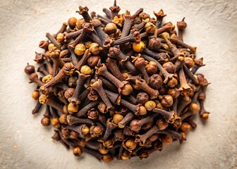 Top-Down View of Dried Clove Buds Piled Together on Neutral Background