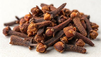 Top-Down View of Dried Clove Buds Piled Together on Neutral Background