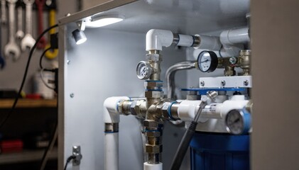 Focused view of intricate pipe connections within a compact water filtration system with maintenance tools and workspace subtly blurred in the background.