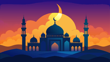 Illuminated mosque at sunset with crescent moon