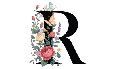 Beautiful alphabet R with floral watercolor bouquet