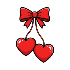 Valentine Hanging Heart and Bow Vector &ndash; Romantic Red Ribbon with Double Hearts Cute Love Icon Design

