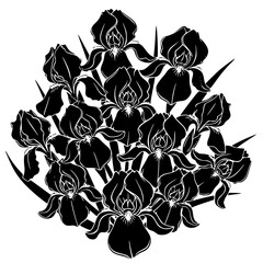 Striking black and white silhouette illustration featuring a dense bouquet of stylized blooming iris flowers and sharp leaves.