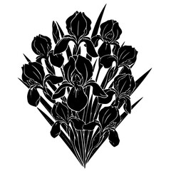 Striking black and white silhouette design featuring a beautiful bouquet of detailed iris flowers in a dramatic composition.