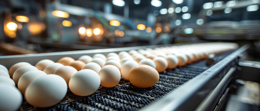 Chicken eggs move along a conveyor belt inside a poultry farm. The processing facility uses artificial lighting to enhance visibility and quality