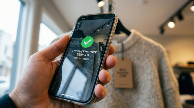Scanning: POV Person Scanning Wool Sweater Tag with Smartphone App for Product History