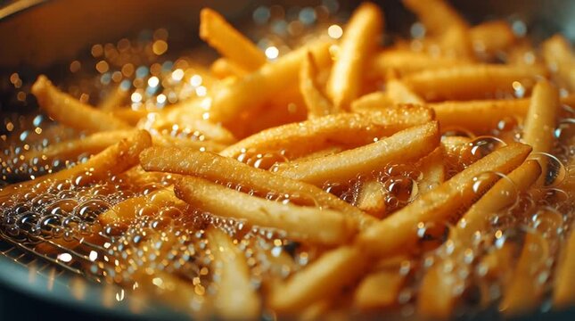 Golden, crispy french fries frying in hot oil within commercial deep fryer, developing appetizing golden-brown texture and crackling surface