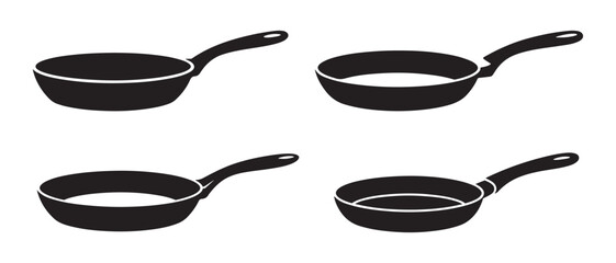 Black Frying Pans Cooking Kitchenware Isolated on White Background.