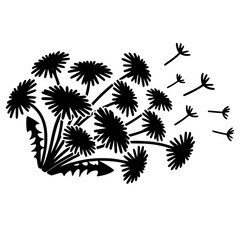 Striking black silhouette illustration of a dandelion seed head dispersing its delicate white florets with the wind