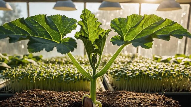 Lush Zucchini Plant in Greenhouse: A vibrant zucchini plant thrives in a sun-drenched greenhouse, showcasing its broad, textured leaves and the promise of a bountiful harvest.