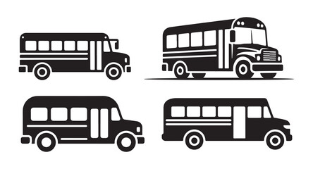 School Bus Icons Collection, Various Styles, Isolated on White Background.