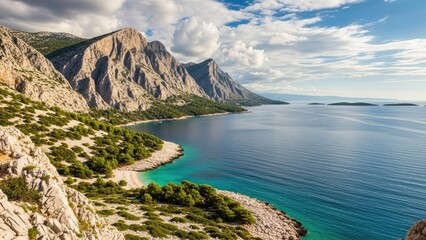 A serene landscape of rocky cliffs and turquoise water under a cloudy sky
