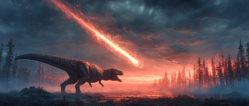 Dinosaurs run from a massive meteorite falling from space, igniting the forest. Flames and smoke fill the landscape as the sky darkens