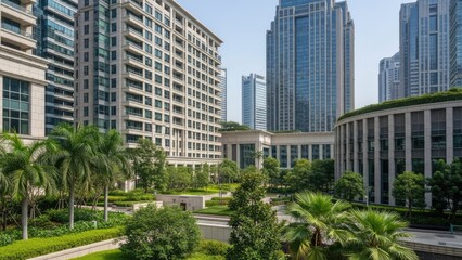 A serene urban landscape with modern high-rise buildings and lush greenery
