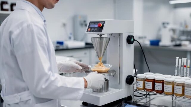 Lab technician uses coneplate viscometer to accurately measure sauce viscosity ensuring consistent product texture during quality control testing in the food laboratory.