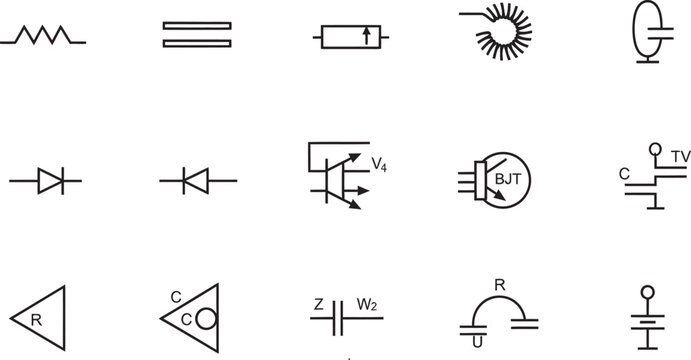 Electronic components and symbols isolated on transparent background