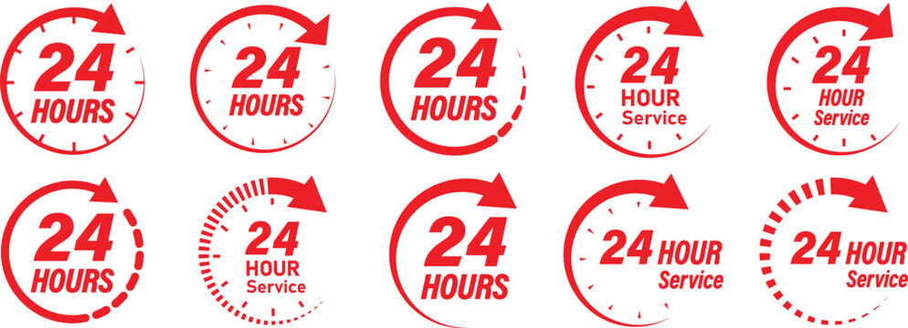 24 hours clock icons set with circular arrows and time symbols for continuous service and round the clock concept vector illustration. Time twenty four icon filled flat sign for mobile concept and web