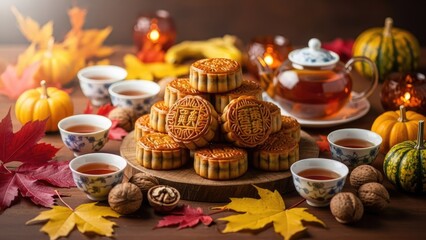 Fototapeta premium A beautifully arranged table setting with mooncakes and tea for a festive autumn celebration