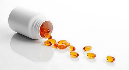 White Pill Bottle Spilling Orange Gel Capsules on White Surface vitamin supplement