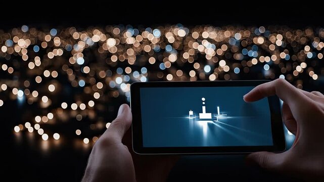 A person holds a phone and touches the screen to create light patterns while surrounded by many small lights in the dark
