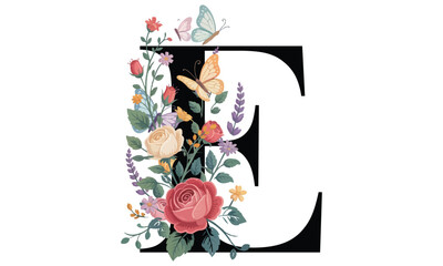 Beautiful alphabet E with floral watercolor bouquet