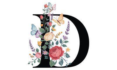 Beautiful alphabet D with floral watercolor bouquet
