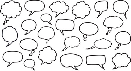 Collection of hand drawn speech and thought bubbles scattered across a white background