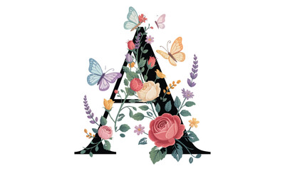 Beautiful alphabet A with floral watercolor bouquet