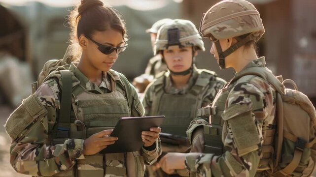 Video Group of military women reviewing information on a tablet, possibly during training or mission briefing
