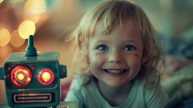 Video A happy little girl standing next to her favorite toy robot, ready for playtime