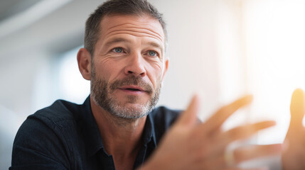 Obraz premium Mature man communicating clearly, expressing thoughts and engaging in conversation during a professional business meeting