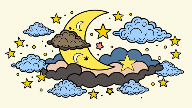 Whimsical night sky with moon and stars