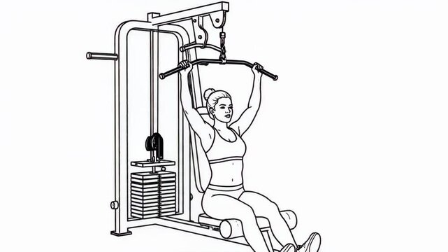 Illustration of a woman performing a lat pulldown exercise on a weight machine at the gym